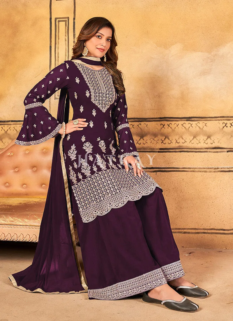 Purple Georgette Embroidery Traditional Palazzo Suit