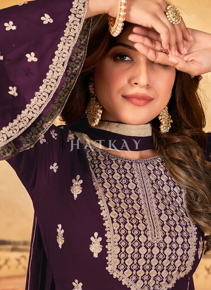 Purple Georgette Embroidery Traditional Palazzo Suit