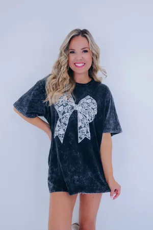 "Puff" Lace Bow Mineral Wash Graphic Tee - Black