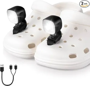 Rechargeable Croc Lights for Shoes 2pcs, LED Headlights for Croc Sandals Sneakers, Croc Accessories for Kids Boys Girls Men Women, Dog-Walking Hiking Hunting Camping Accessories (Black)