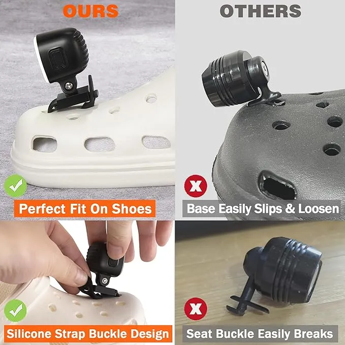 Rechargeable Croc Lights for Shoes 2pcs, LED Headlights for Croc Sandals Sneakers, Croc Accessories for Kids Boys Girls Men Women, Dog-Walking Hiking Hunting Camping Accessories (Black)