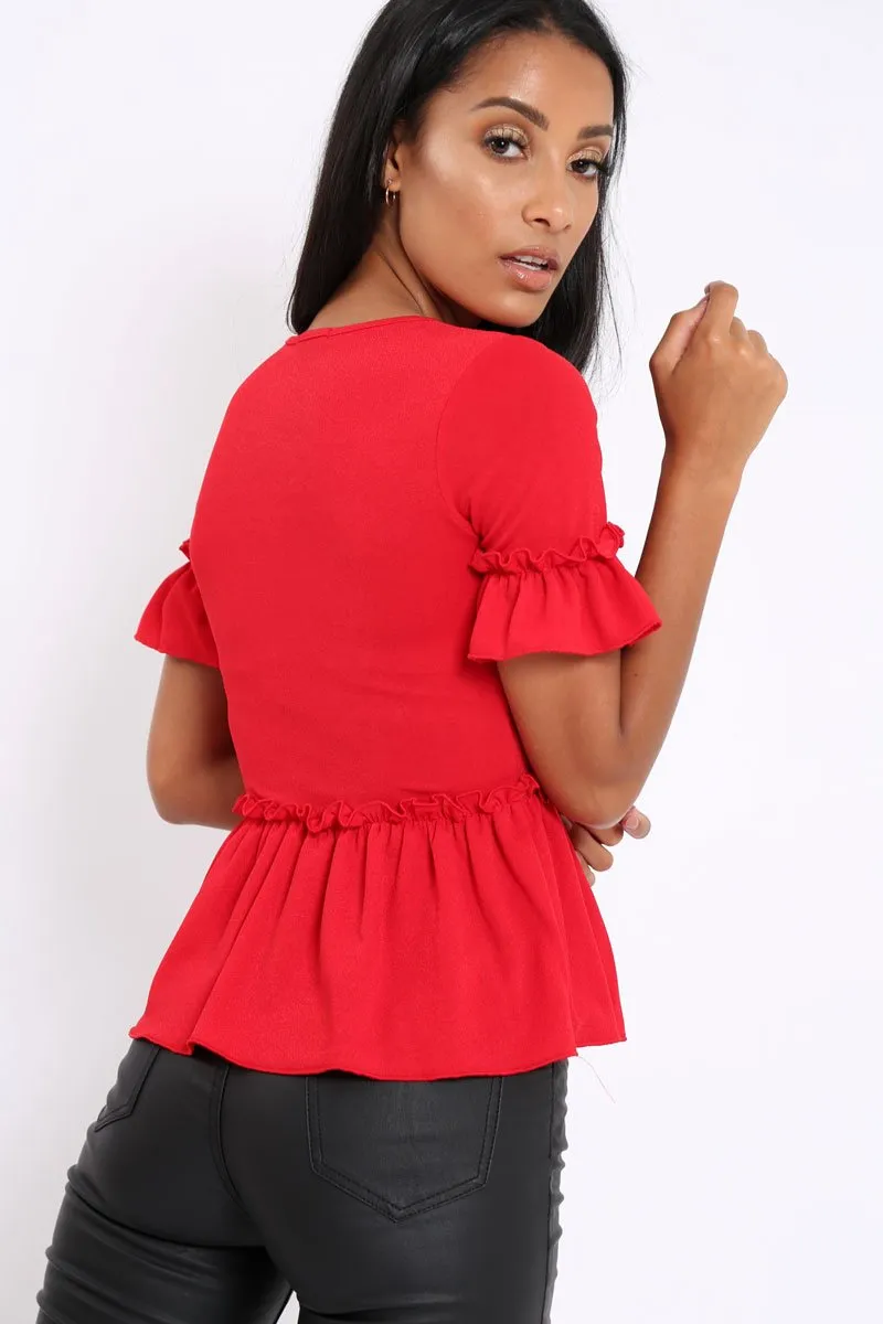 Red Peplum Frill Detail Top with Frill Sleeves - Gretta