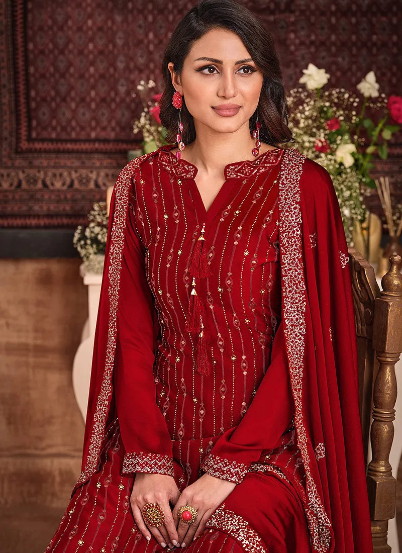 Red Sequence Embroidered Gharara Suit
