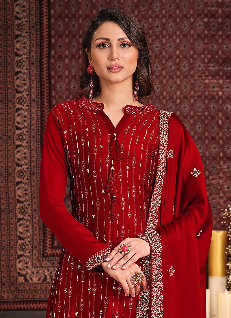 Red Sequence Embroidered Gharara Suit