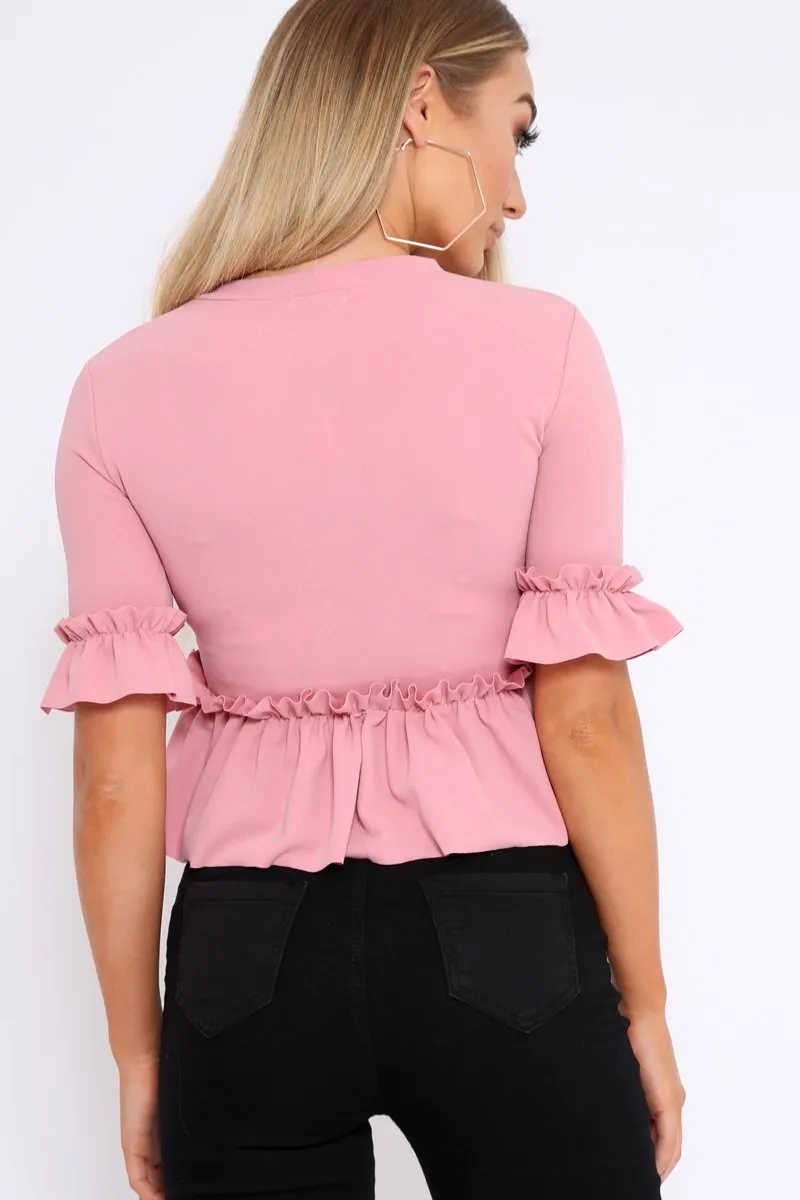 Rose Peplum Frill Detail Top with Frill Sleeves - Gretta