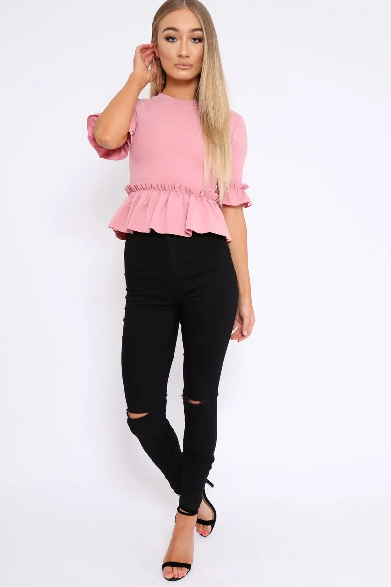 Rose Peplum Frill Detail Top with Frill Sleeves - Gretta