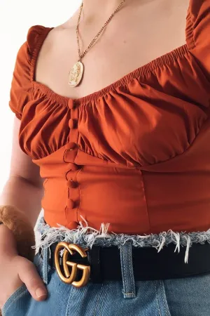Rust Puff Sleeve Button Front Crop Top - Belicia