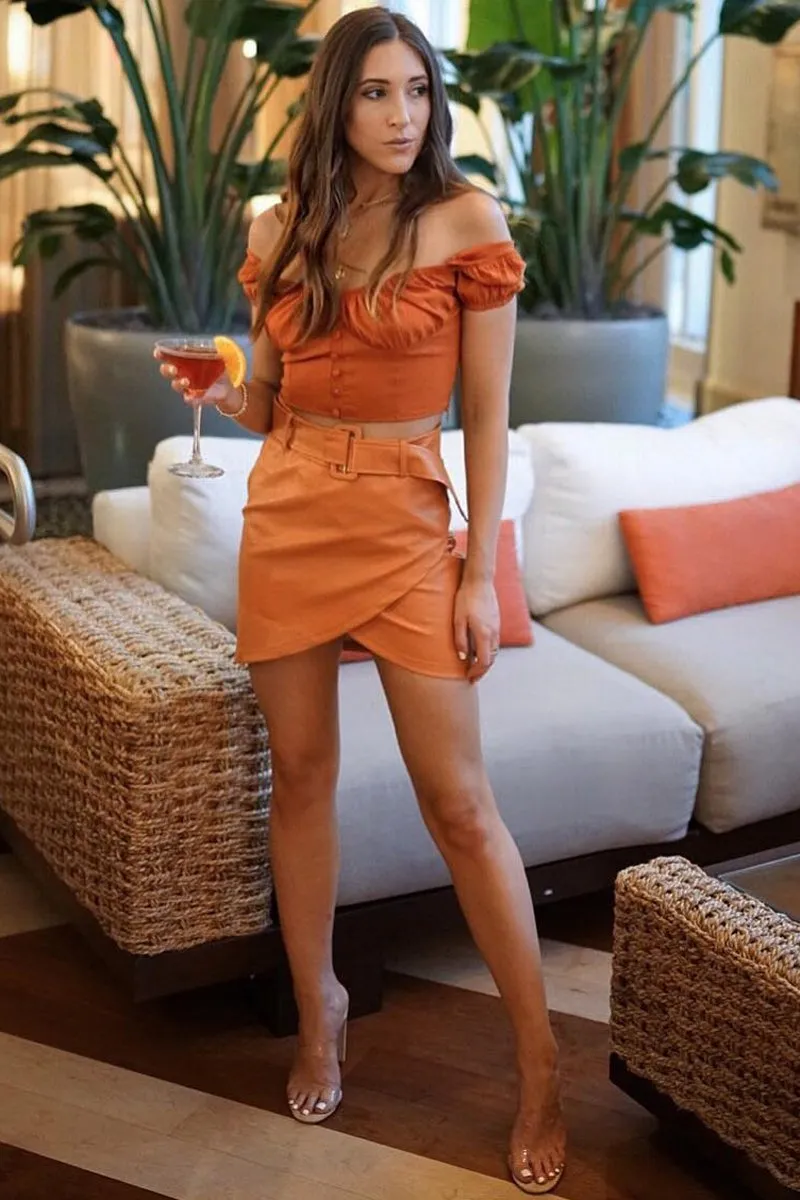 Rust Puff Sleeve Button Front Crop Top - Belicia