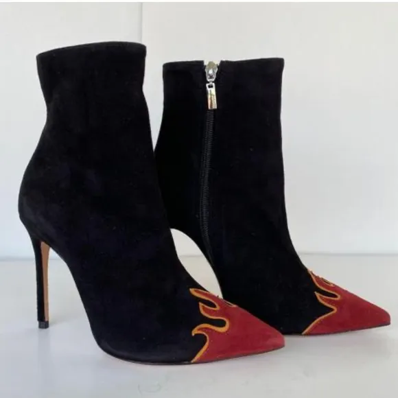 SCHUTZ Lauan Black Red Flames Suede Heeled Bootie Sz 9 B Stiletto Heel