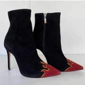 SCHUTZ Lauan Black Red Flames Suede Heeled Bootie Sz 9 B Stiletto Heel
