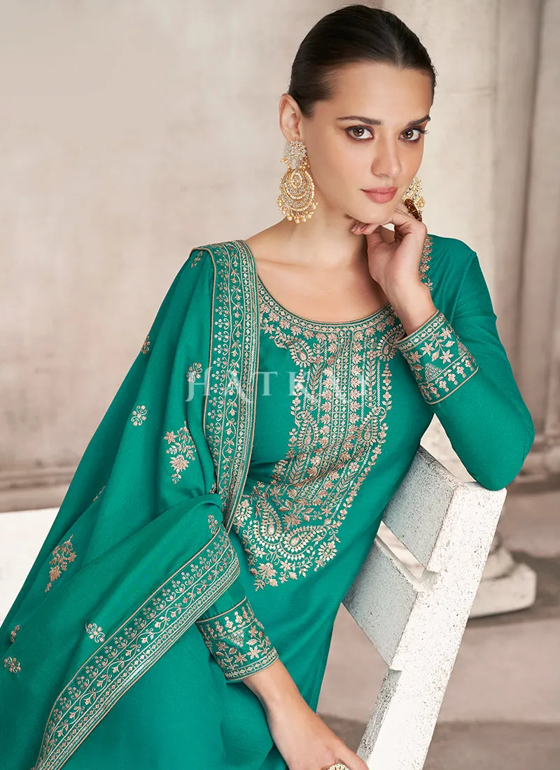 Sea Green Golden Embroidered Silk Salwar Kameez