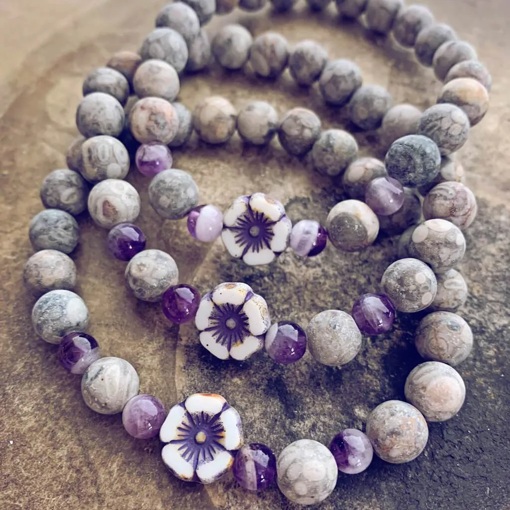 serenity // fossil jasper with purple & white hibiscus flower bead mala bracelet
