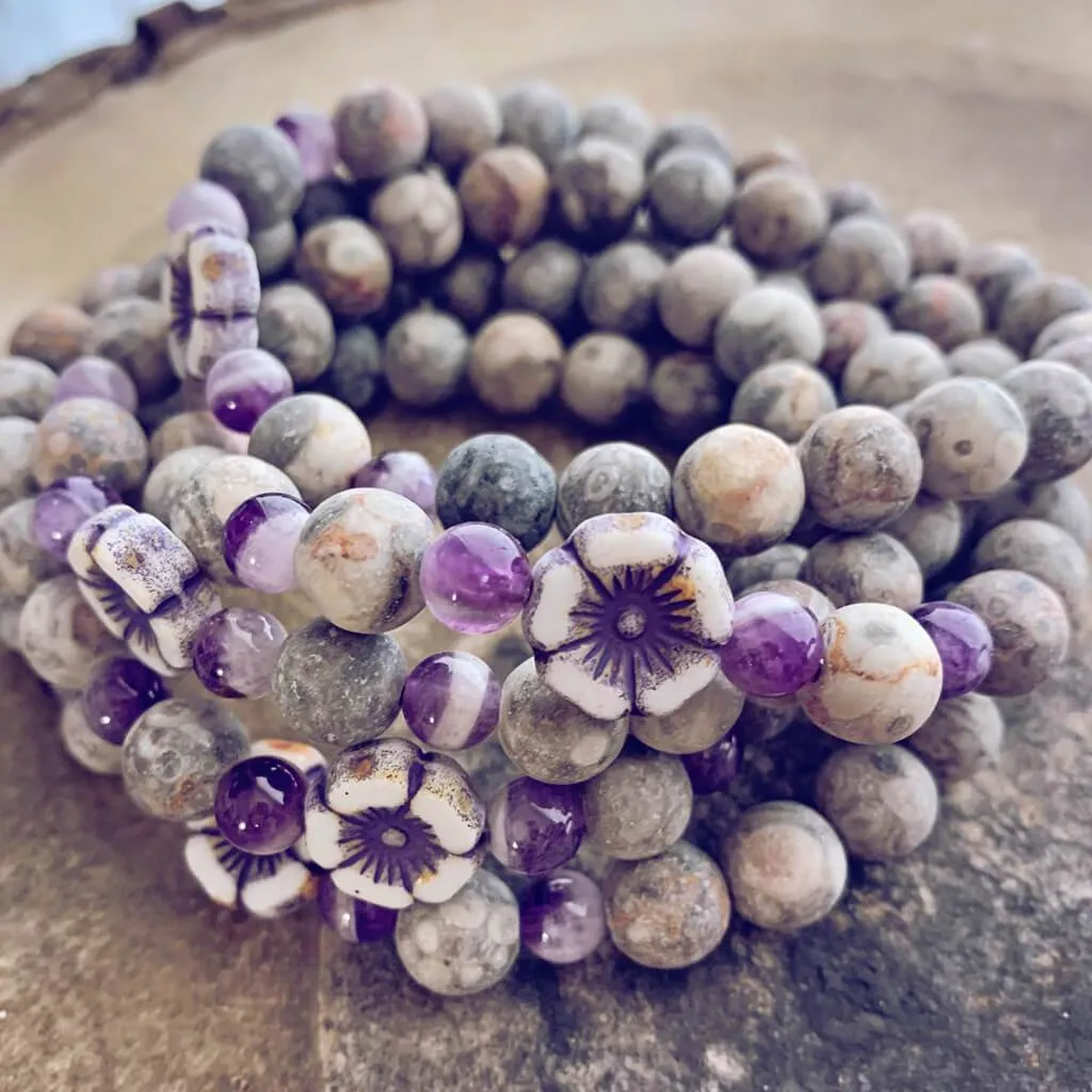 serenity // fossil jasper with purple & white hibiscus flower bead mala bracelet