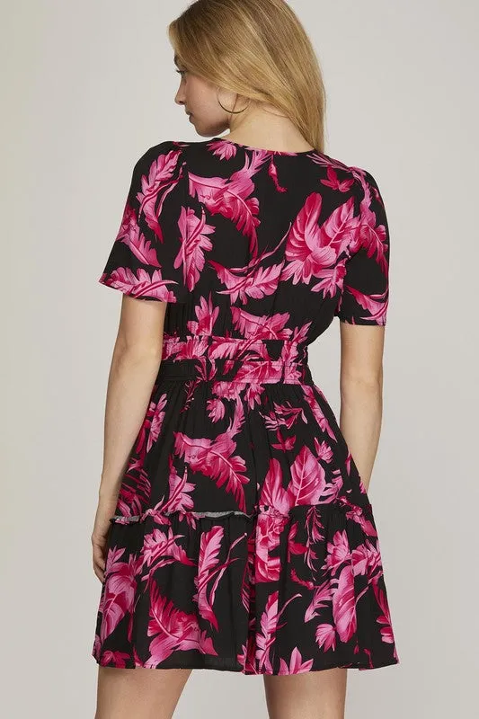 She   Sky Full Size Printed Notched Short Sleeve Frill Tiered Dress Plus Size