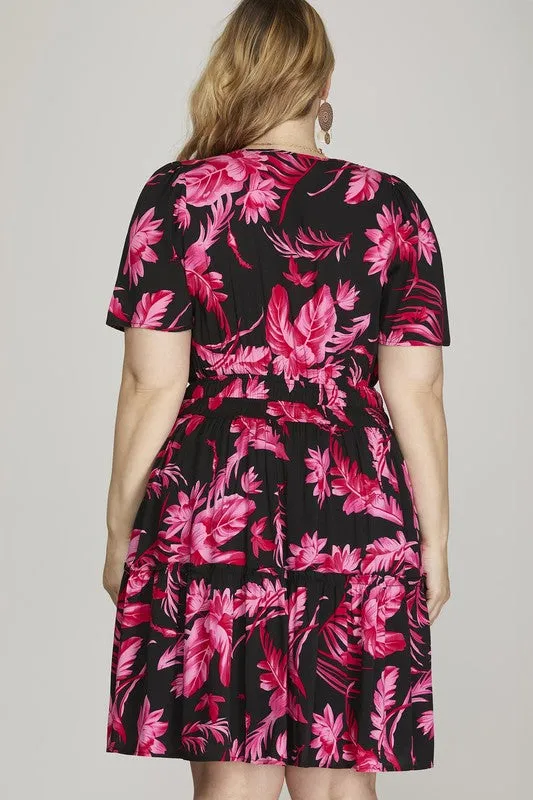 She   Sky Full Size Printed Notched Short Sleeve Frill Tiered Dress Plus Size