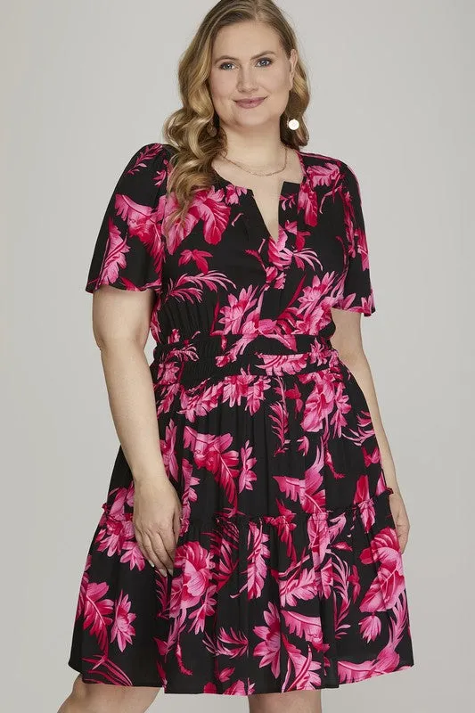 She   Sky Full Size Printed Notched Short Sleeve Frill Tiered Dress Plus Size