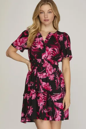 She   Sky Full Size Printed Notched Short Sleeve Frill Tiered Dress Plus Size