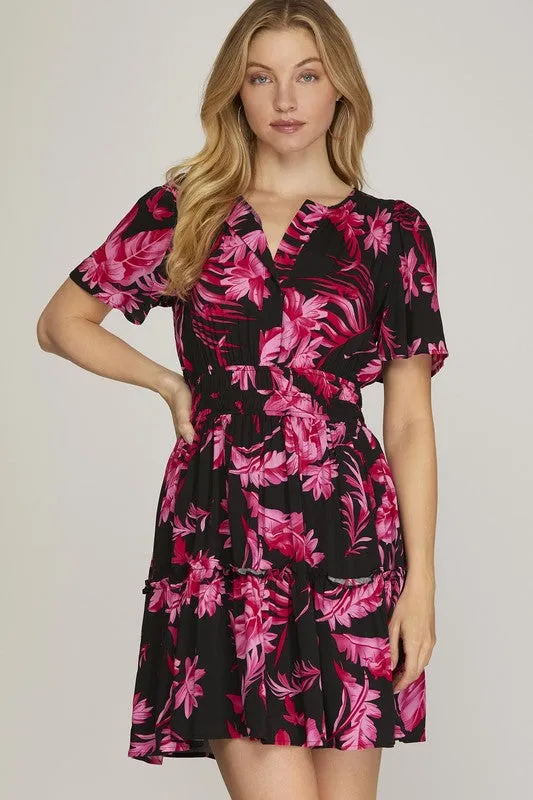 She   Sky Full Size Printed Notched Short Sleeve Frill Tiered Dress Plus Size