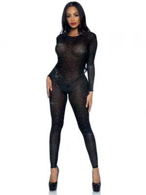 Sheer Rhinestone Catsuit - Black -