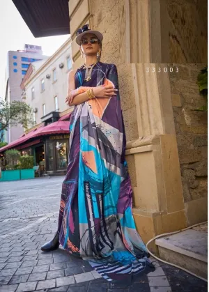 Silk Crepe Digital Print Dark Blue Saree