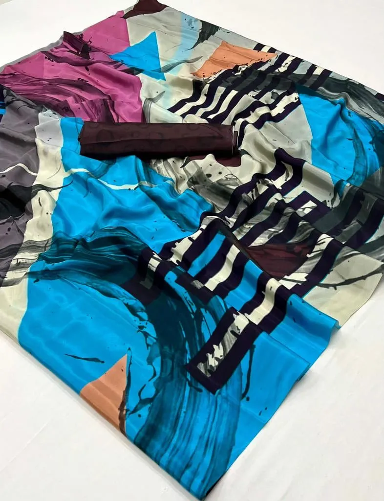 Silk Crepe Digital Print Dark Blue Saree