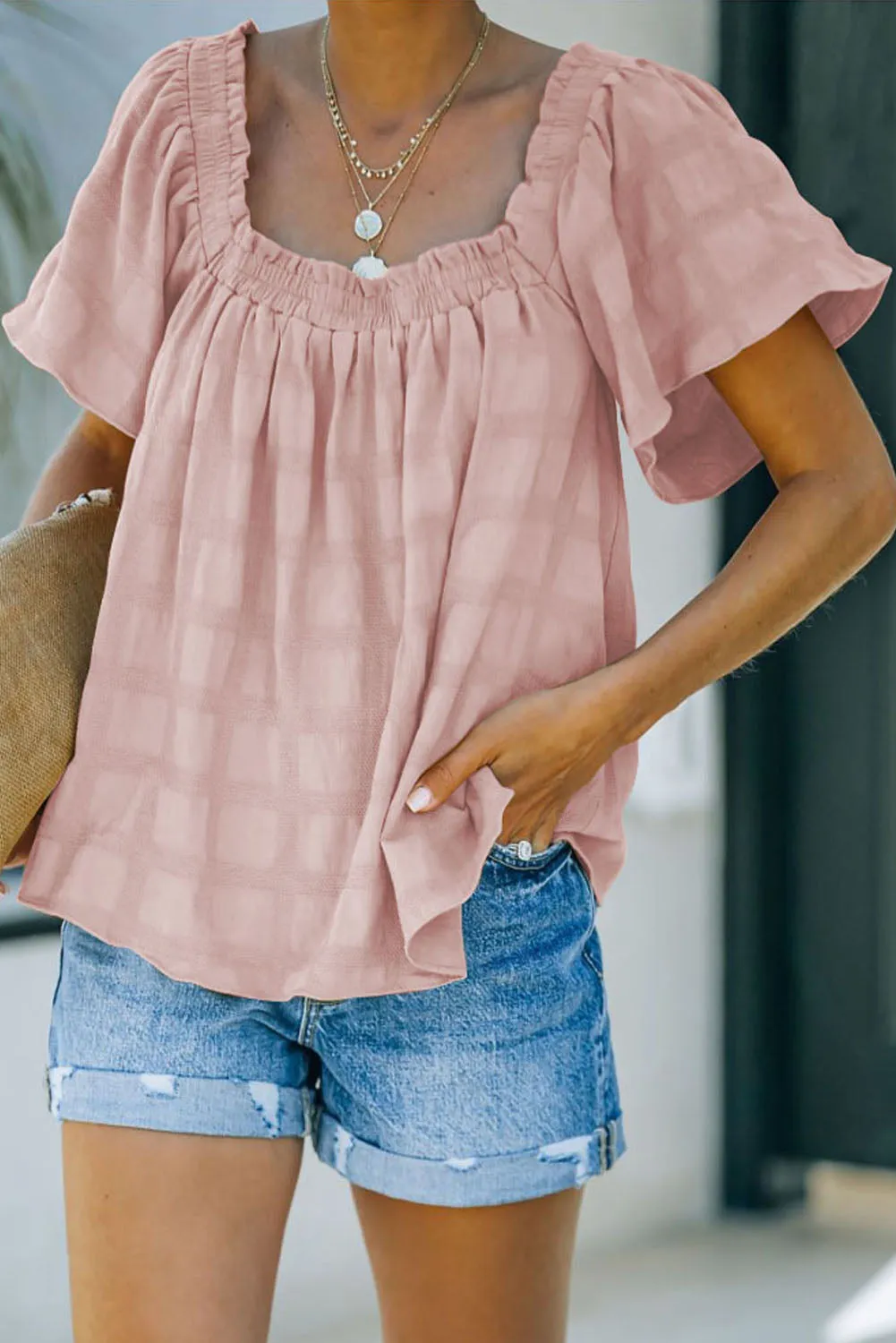 Square Neck Jacquard Short Sleeves Top