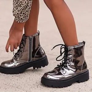 STEVE MADDEN NYC Mirror Metallic Rockk Ankle Boot Lug Sole Big Kids Size 3