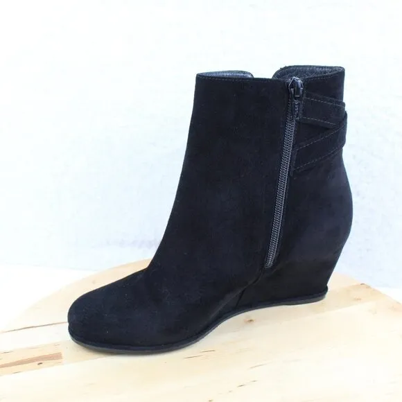 Stuart Weitzman Wedge Suede Boot Womens Size 7.5 Black Ankle Bootie Zip Leather