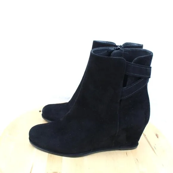 Stuart Weitzman Wedge Suede Boot Womens Size 7.5 Black Ankle Bootie Zip Leather