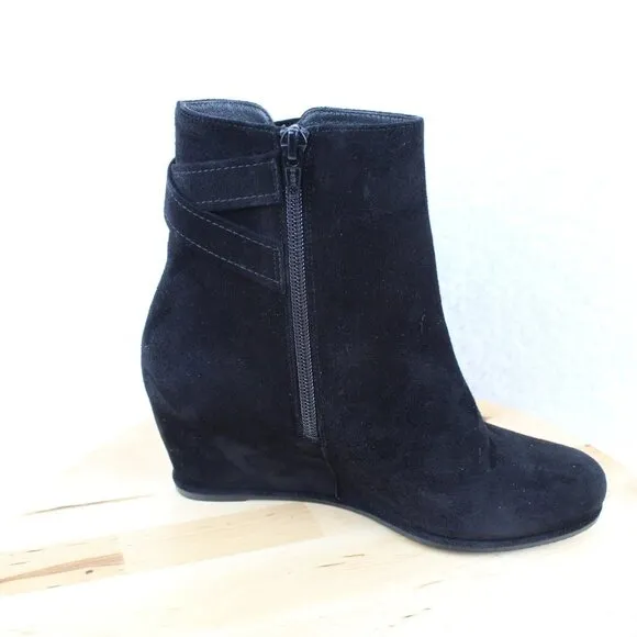 Stuart Weitzman Wedge Suede Boot Womens Size 7.5 Black Ankle Bootie Zip Leather