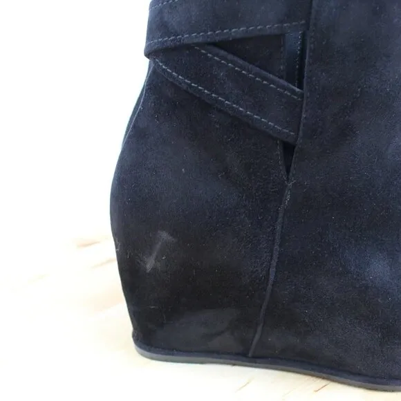 Stuart Weitzman Wedge Suede Boot Womens Size 7.5 Black Ankle Bootie Zip Leather