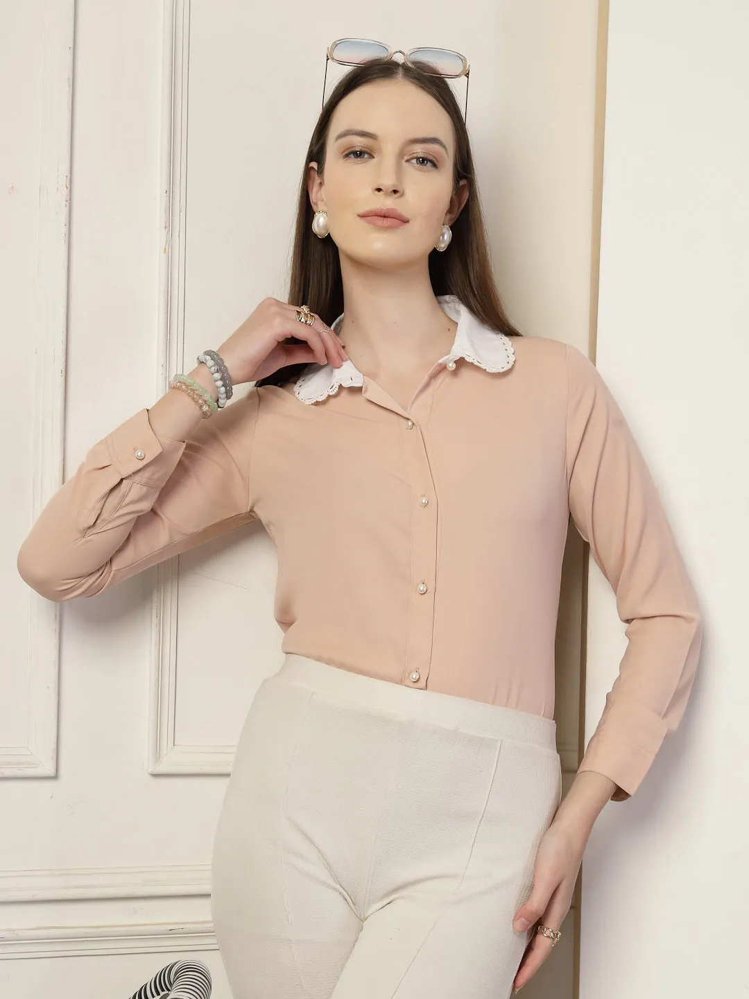 Style Quotient Women Nude And White Solid Polyester Formal Shirt