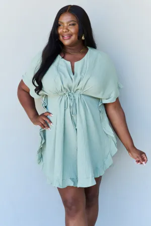 Taryn Full Size Ruffle Hem Dress with Drawstring Waistband in Light Sage