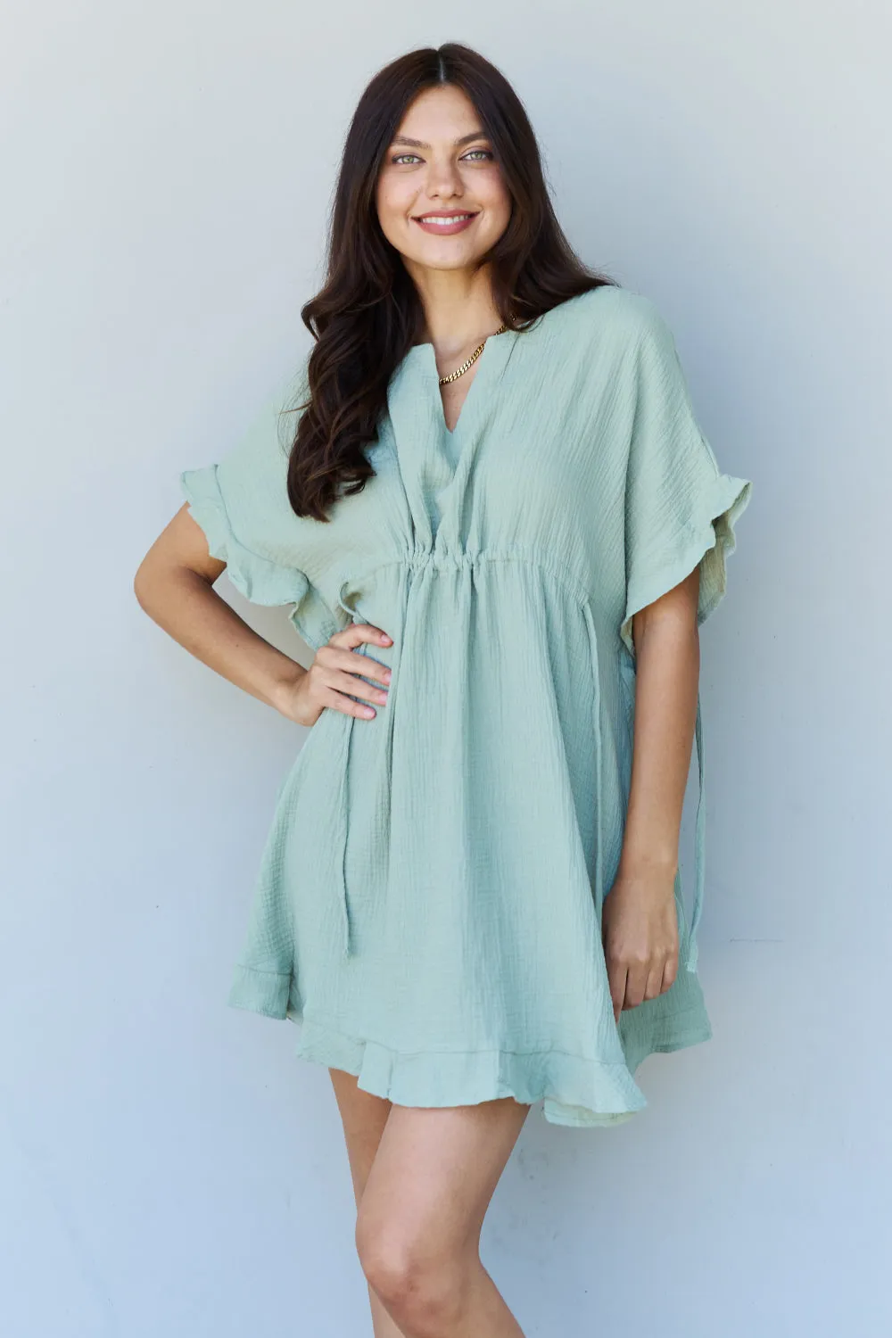 Taryn Full Size Ruffle Hem Dress with Drawstring Waistband in Light Sage