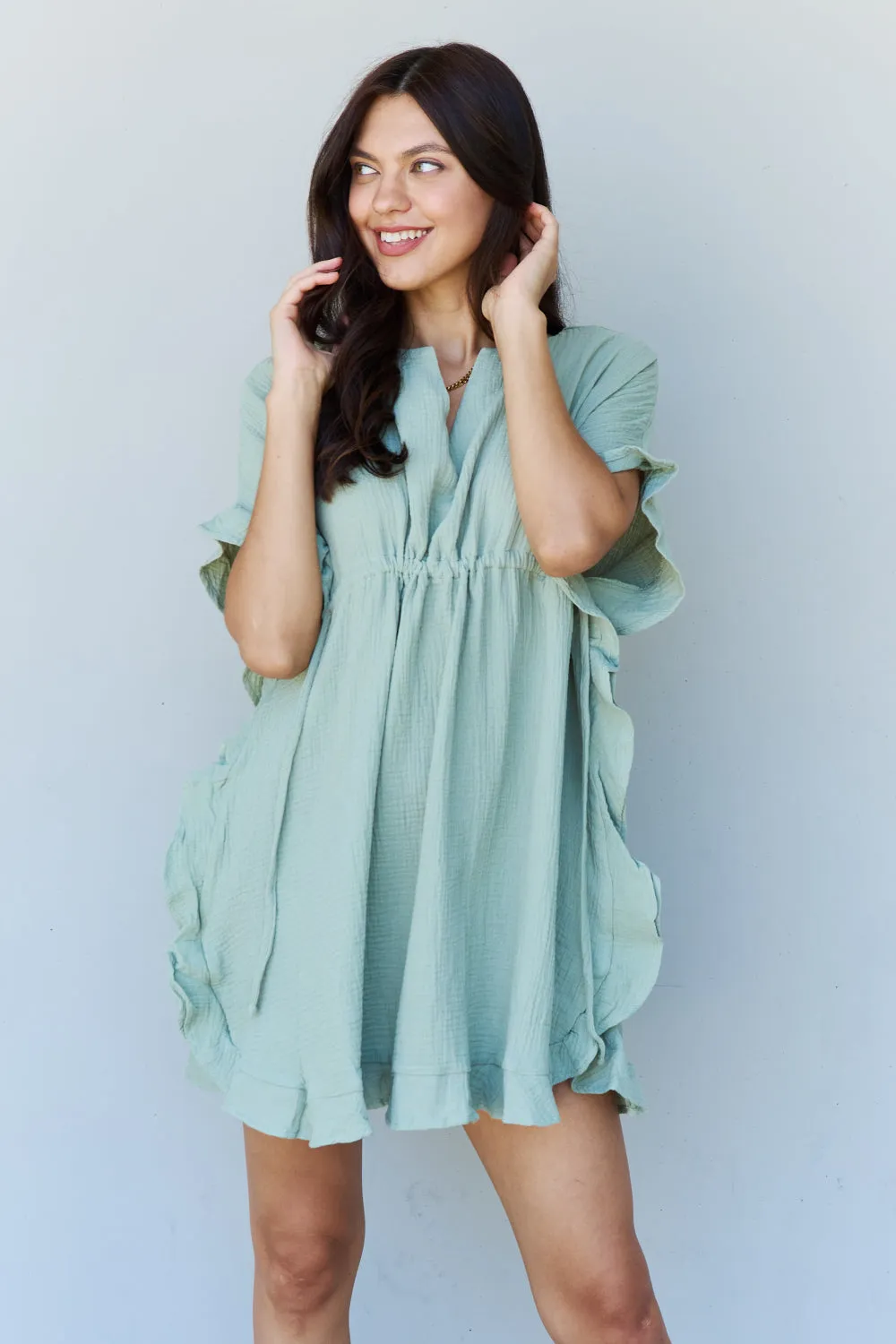 Taryn Full Size Ruffle Hem Dress with Drawstring Waistband in Light Sage