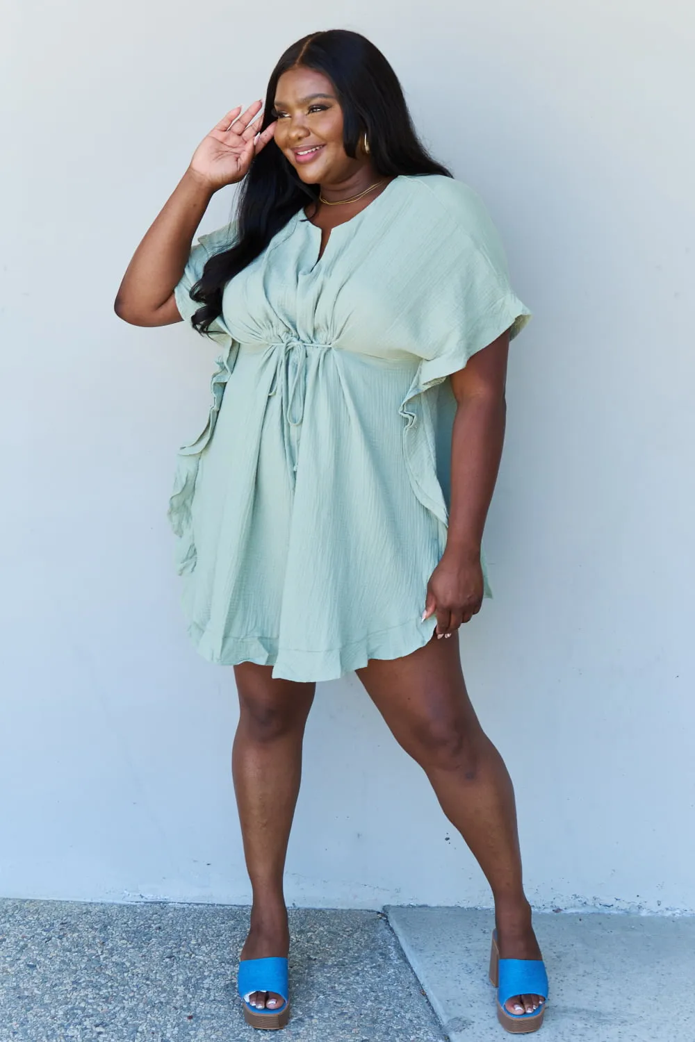 Taryn Full Size Ruffle Hem Dress with Drawstring Waistband in Light Sage