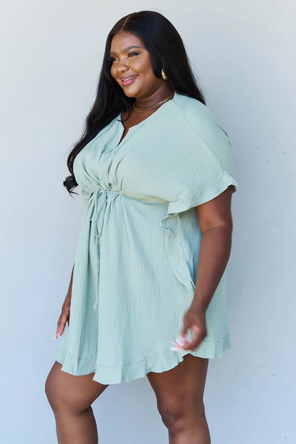 Taryn Full Size Ruffle Hem Dress with Drawstring Waistband in Light Sage