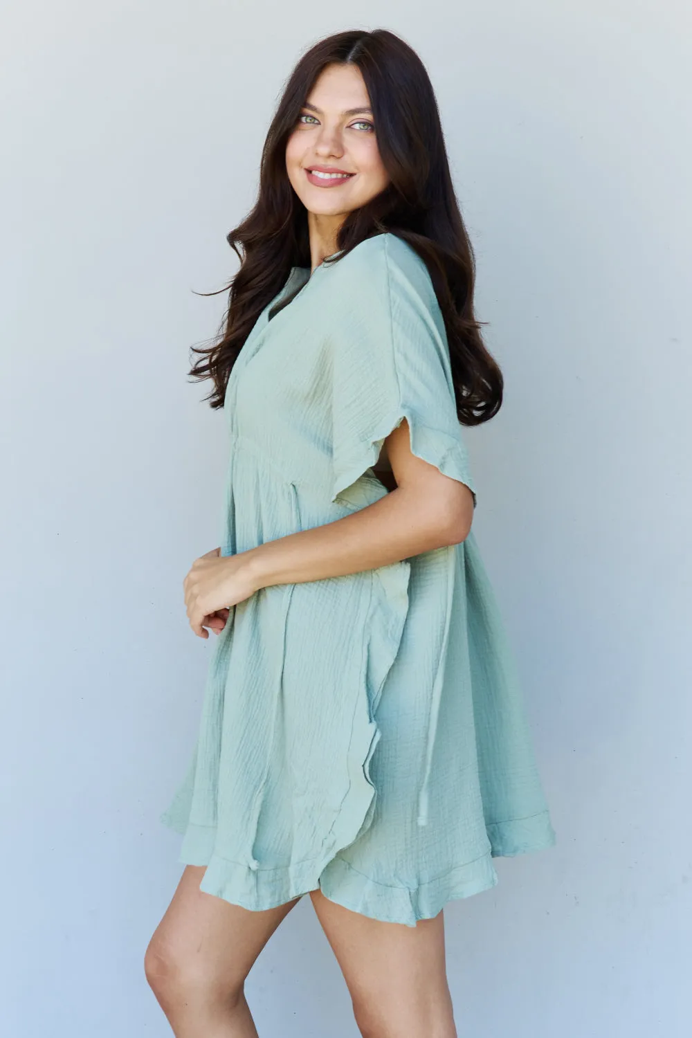 Taryn Full Size Ruffle Hem Dress with Drawstring Waistband in Light Sage