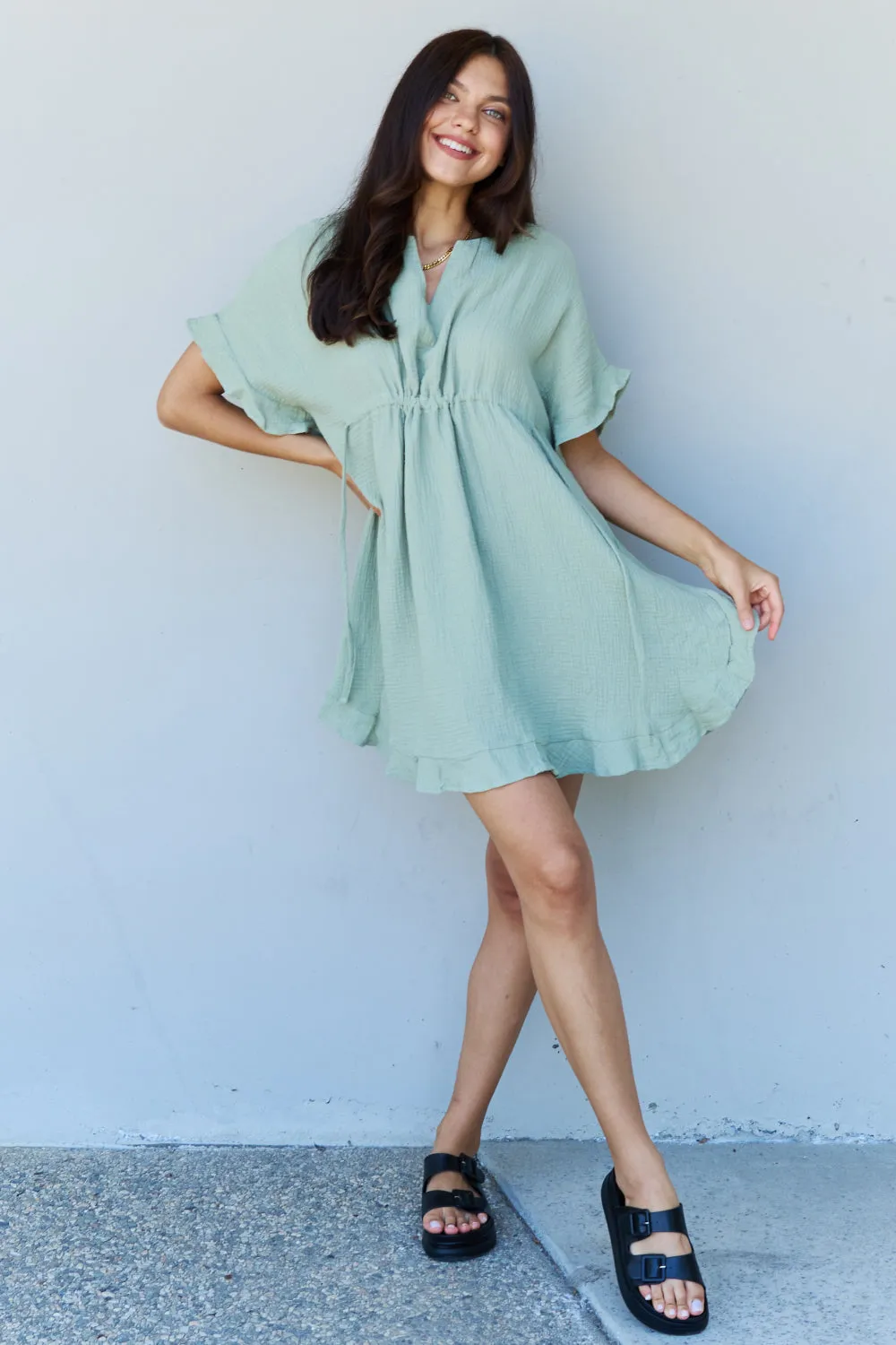 Taryn Full Size Ruffle Hem Dress with Drawstring Waistband in Light Sage