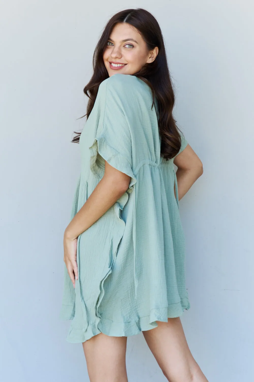 Taryn Full Size Ruffle Hem Dress with Drawstring Waistband in Light Sage