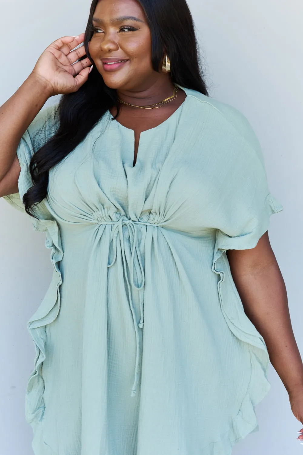 Taryn Full Size Ruffle Hem Dress with Drawstring Waistband in Light Sage