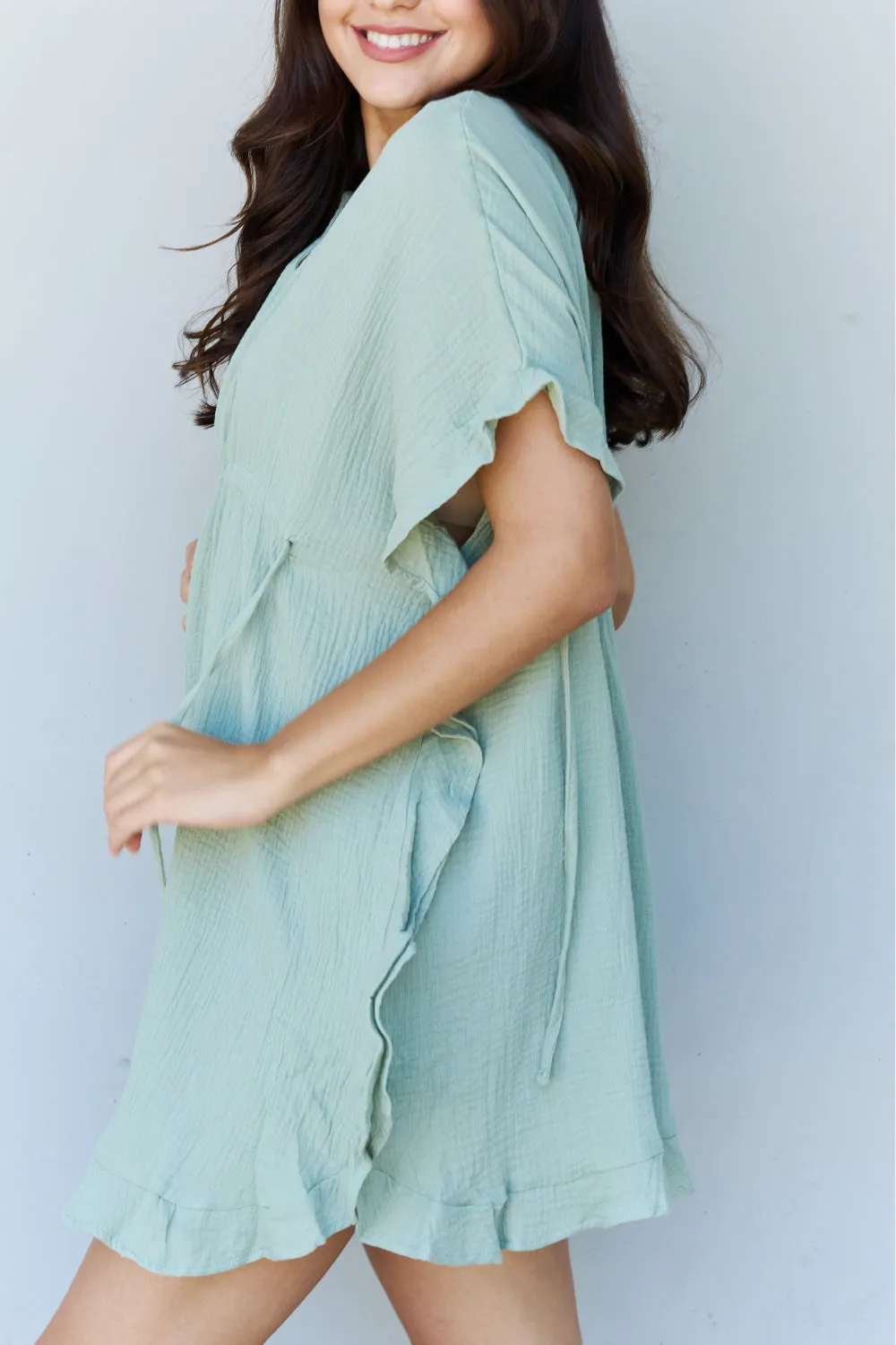 Taryn Full Size Ruffle Hem Dress with Drawstring Waistband in Light Sage