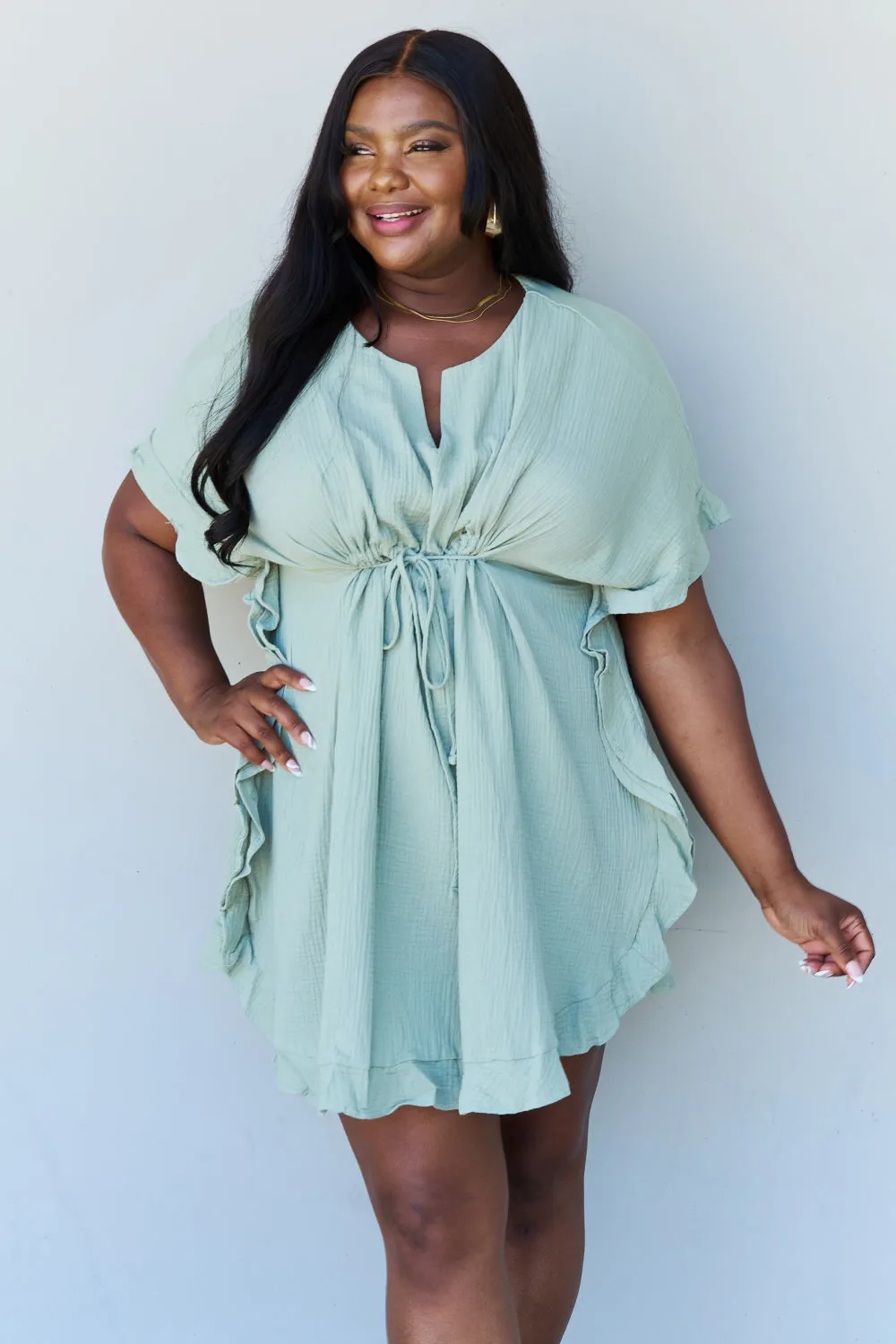 Taryn Full Size Ruffle Hem Dress with Drawstring Waistband in Light Sage