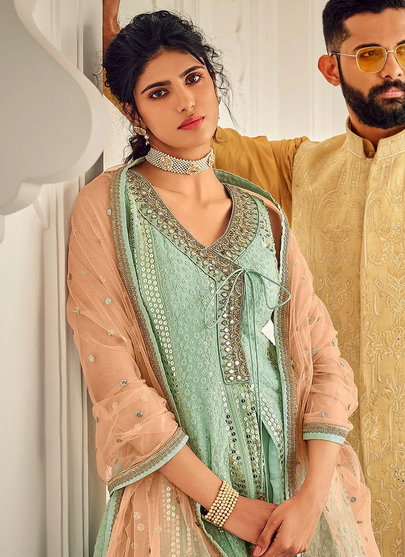 Teal Blue And Peach Angrakha Style Gharara Suit