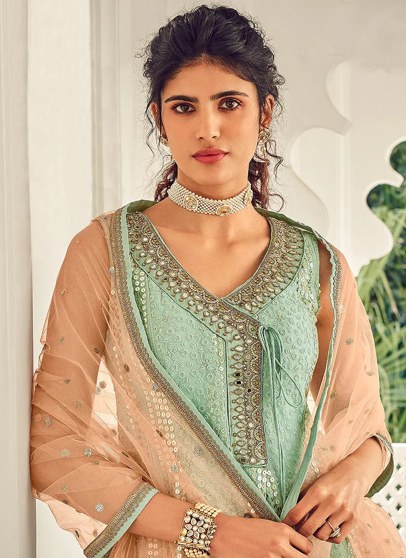Teal Blue And Peach Angrakha Style Gharara Suit