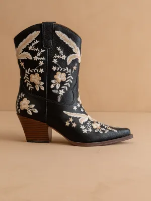 The Bailey | Black Embroidered Cowboy Bootie