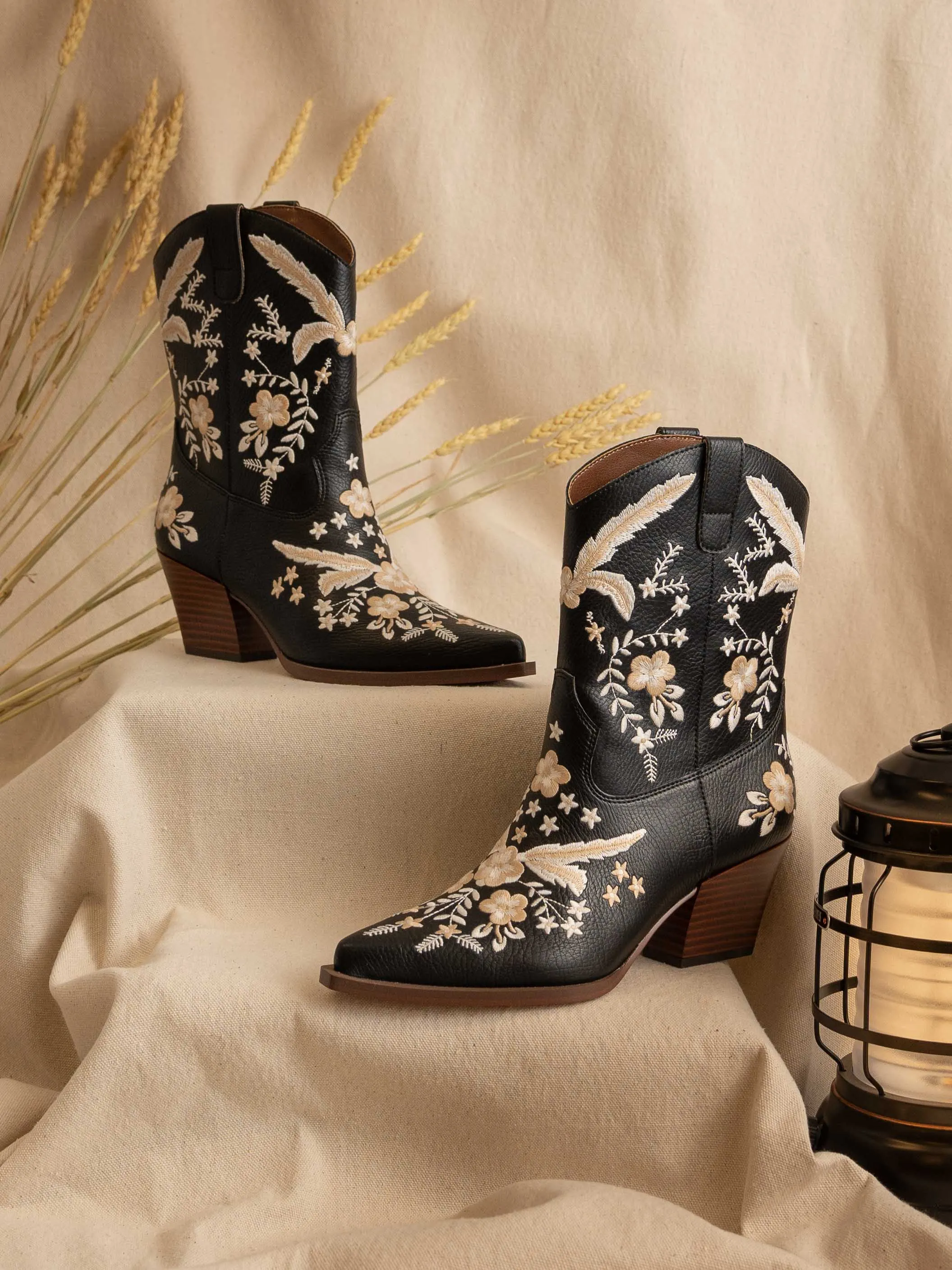 The Bailey | Black Embroidered Cowboy Bootie