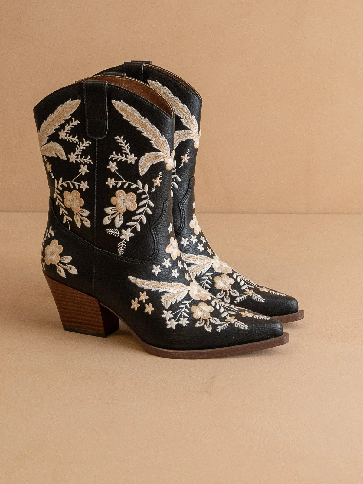 The Bailey | Black Embroidered Cowboy Bootie