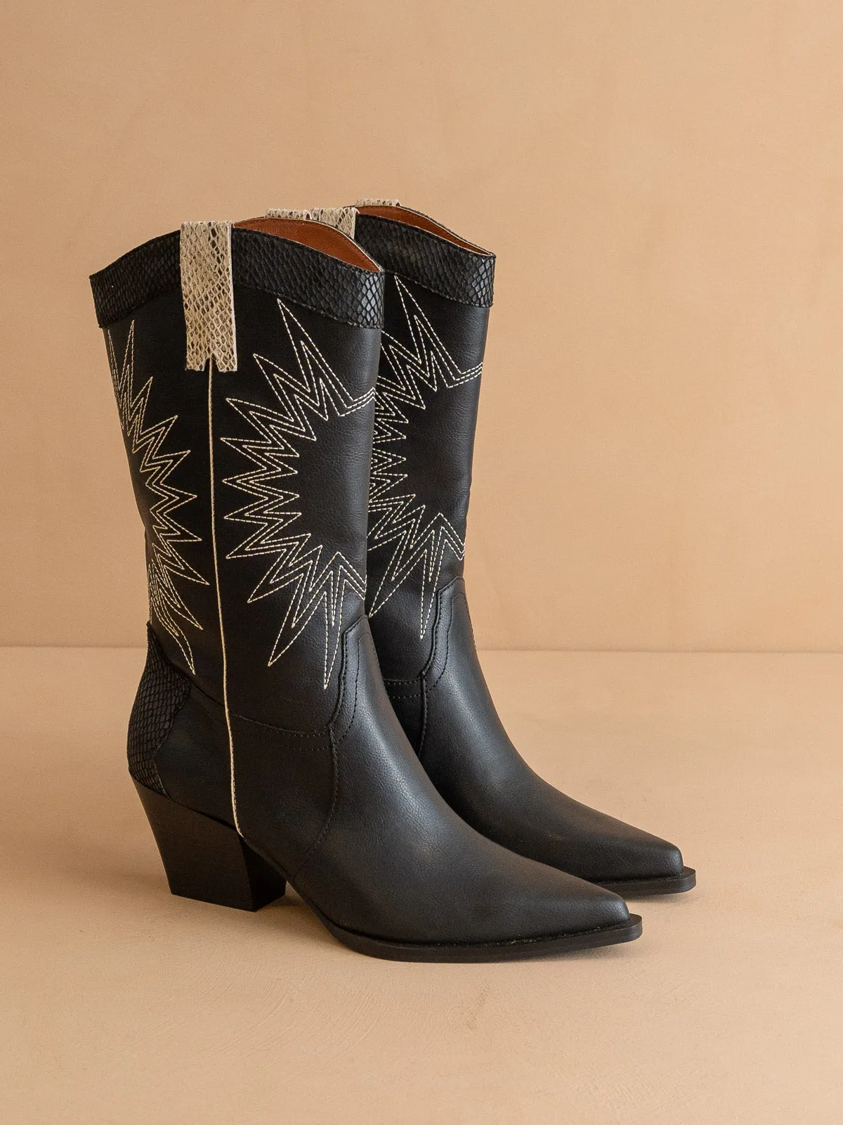 The Halle | Black Paneled Cowboy Boot with Snake Print Detailing