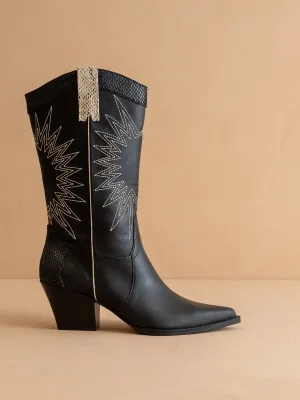 The Halle | Black Paneled Cowboy Boot with Snake Print Detailing